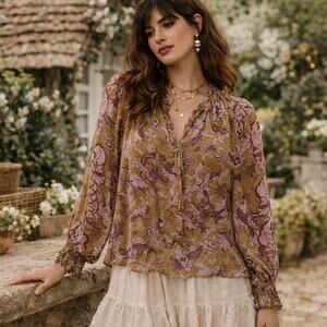 O.P.T Women Peasant Top Large Tie Neck Smocked Prairie Boho Cottagecore Romantic